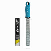 Microplane Premium Classic turquoise zester blade for bright citrus zest in vinaigrettes.