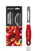 Microplane professional serrated swivel peeler for tomato and kiwi showing easy peeling of soft skins.