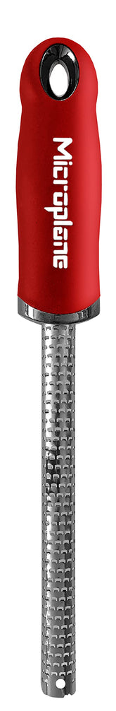 Microplane red spice grater front view for precise nutmeg and cinnamon grating.