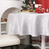 MikiUp jacquard round Christmas tablecloth with snowflakes on white-silver fabric.