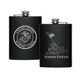 Military Gift Shop USMC Flask matte black front view, compact 8 oz size for easy carry