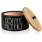 MINCORD coffee filter holder with lid shows natural wood grain and keeps filters dust-free.
