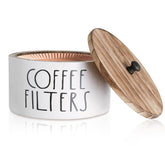 MINCORD wooden coffee filter holder with lid on a counter keeps filters organized.