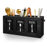 MINCORD wood flatware organizer front view with labeled compartments for easy sorting.