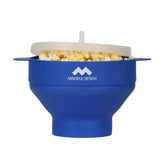 Mindful Design collapsible popcorn popper in blue for easy storage and movie-night snacks.