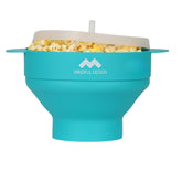 Mindful Design collapsible popcorn popper cyan ready for space-saving storage.