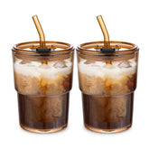 MINGHYZYA amber 2-pack glass tumbler with lid and straw, ideal for on-the-go iced coffee.