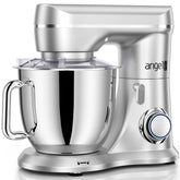 Mini Angel stand mixer tilt-head in silver for easy ingredient access during baking