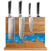Minyuexia magnetic knife holder with acacia base and blue resin river for organized cooking.