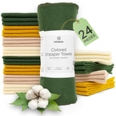 Mioeco 24-pack multicolored unpaper towels folded, showcasing a reusable kitchen solution.