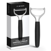 Misen stainless steel vegetable peeler with dishwasher safe design for easy cleanup.