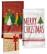 Miss Adola Christmas towel with tree tassels adds seasonal charm to the kitchen.