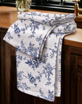 Miss Adola waffle towels with a white blue flower pattern for stylish kitchen decor