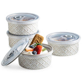 MISSYSSIM 12oz soufflé ramekin with lid in beige, perfect for oven-baked desserts.