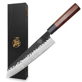 MITSUMOTO SAKARI Kiritsuke knife blade closeup highlighting sharp edge for precise slicing.