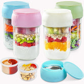 Miuyhji overnight oats container with lid and spoon storage for on-the-go breakfasts.