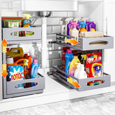 Mixeshop under sink organizer 2-tier pull-out basket for easy access and organization.
