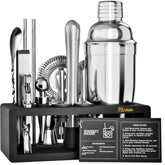 MixMate 15-piece bar tool set displayed on a dark wood stand for organized home entertaining.