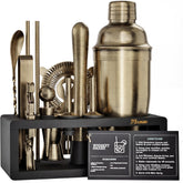 MixMate brushed brass mixology kit on display, complete home bar tools for versatile drinks