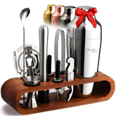 Mixology & Craft cocktail shaker set on dark bamboo stand, ideal for stylish home bartending
