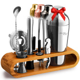 Mixology & Craft cocktail shaker set on bamboo stand for organized style