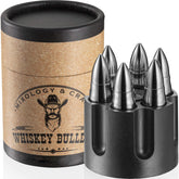 Mixology & Craft whiskey stones close-up in revolver case; premium cooling without dilution.