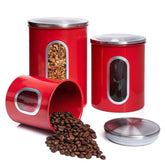 Mixpresso red canisters with front window for quick content checks.