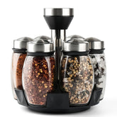Mlici 6pc spinning glass spice jars on a rotating rack for organized countertops.