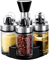 Mlici oil and vinegar dispenser set with six clear bottles for precise pouring