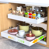 Mlinavn pull-out cabinet organizer shows 21-inch extendable reach for easy kitchen access.