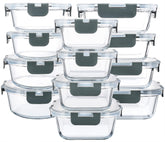 M MCIRCO 24-piece glass storage set with lids showing organized meal prep and airtight sealing.
