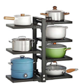 Mnftive adjustable pot organizer under-shelf view, maximizing vertical space in a 24-inch cabinet.