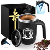 MNZZ initial magnetic stirring mug with lid on for spill-safe travel and hot coffee.