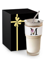 MNZZ monogram glass cup with lid and straw for personalized daily beverages.
