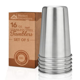 Modern Innovations stackable tumbler 16oz five-pack for easy transport and space-saving use.