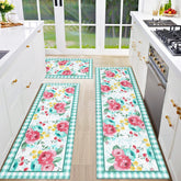 Mofvugz red-teal floral kitchen rug 17x30—soft comfort for longer cooking sessions.