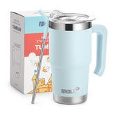 Mollcity travel mug with handle in baby blue, side view, easy grip for kids