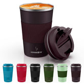 MOMSIV travel mug 12oz brown with secure lid for on-the-go hydration.