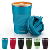 MOMSIV travel mug shows insulated stainless steel for hot or cold drinks on the go
