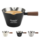 Mongdio espresso measuring cup with stainless steel body and wooden handle for heat protection