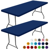 Moosfor Spandex 6ft navy tablecloth on a patio table, two-pack for outdoor dining.