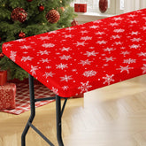 Moosfor spandex tablecloth with dot snowflake pattern protects table and cleans easily