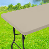 Moosfor tablecloth with elastic edge showing secure fit for outdoor use