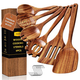 Mooues teak wooden spoons with hanging hooks for organized storage.