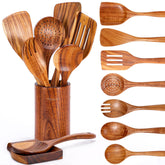 Mooues teak utensil set with spoon rest on counter for organized cooking