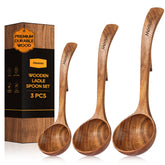 Mooues teak ladle 10.6-inch in action, safe for non-stick cookware.
