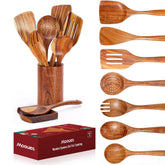 Mooues teak wooden spoons set on countertop showcasing durable natural finish for daily cooking.