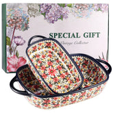 Moqidadii casserole dish with large handles for easy oven-to-table transfers.