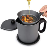 Morden MS bacon grease container with strainer for easy storage and filtration.