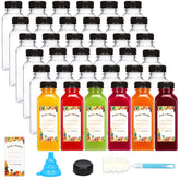 Moretoes 36-pack bottles with lids: clear, reusable containers for juices and smoothies.